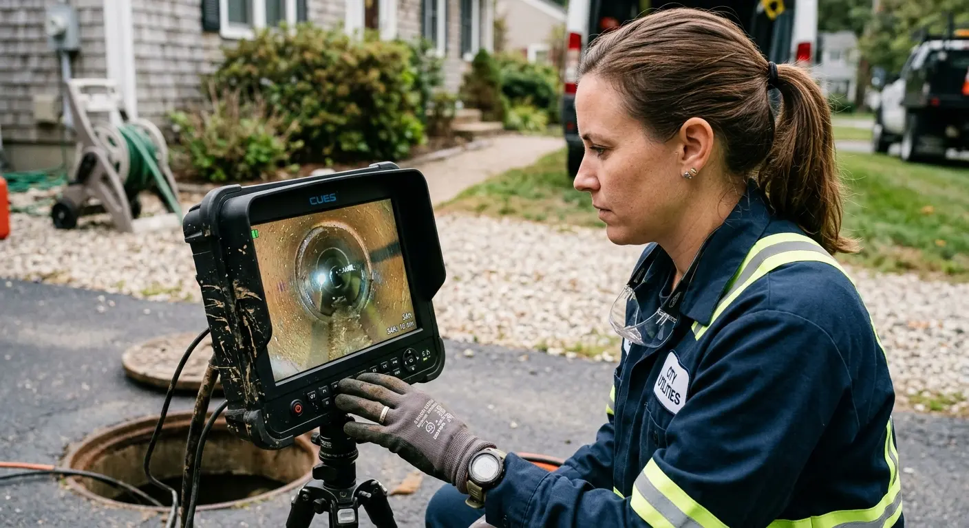 Technician reviewing sewer camera inspection footage in Hempstead