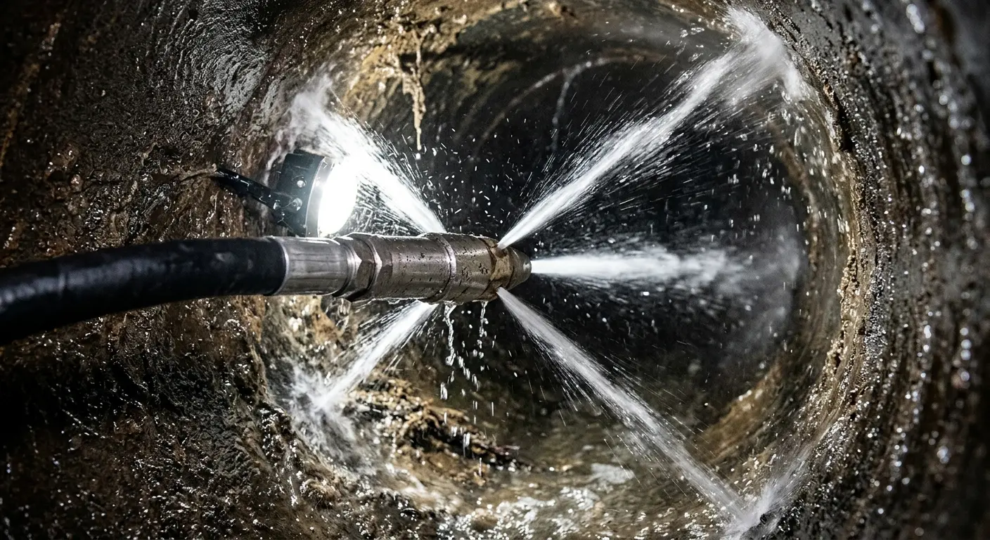 High-pressure hydro jetting nozzle cleaning sewer pipe for Emergency Drain Service in Hempstead