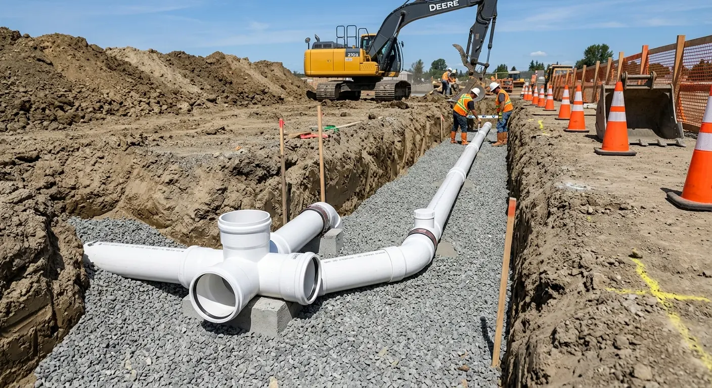 New PVC sewer pipe installation in open trench for Sewer Backup in Hempstead